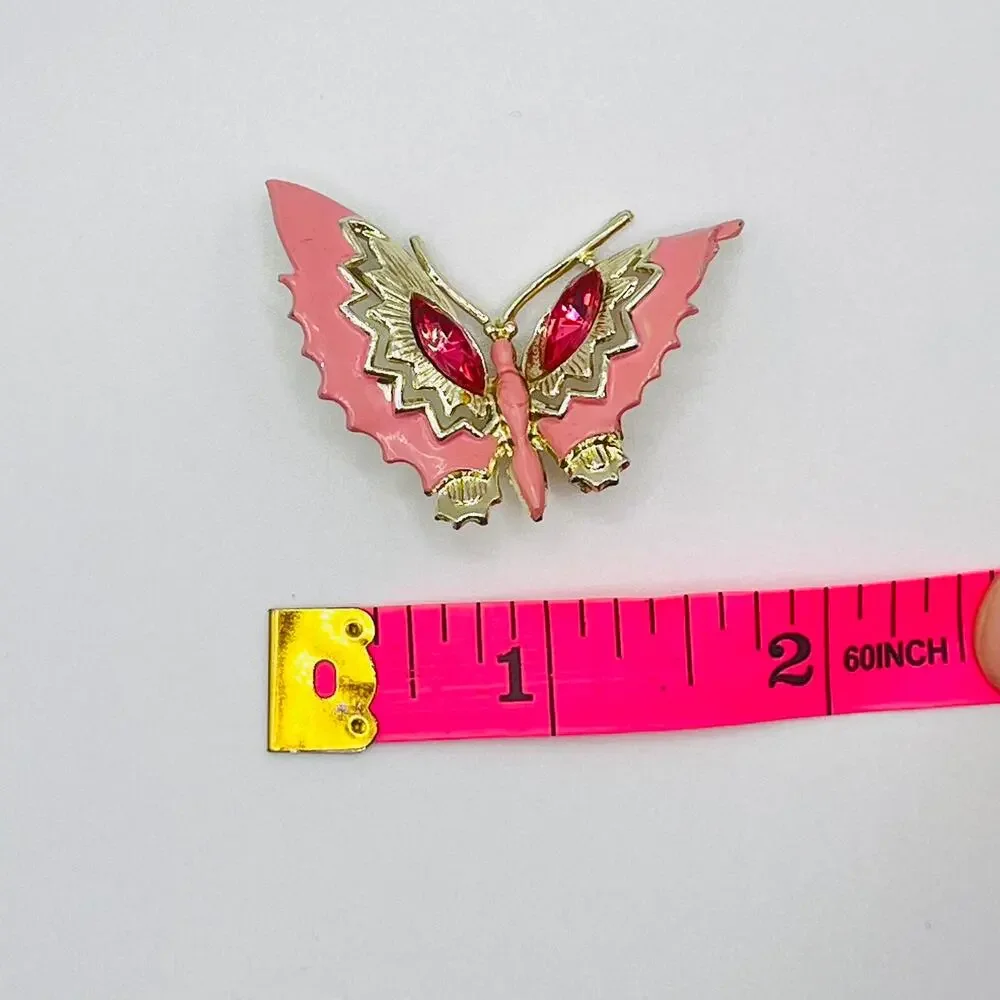 Vintage Pink Enamel Butterfly Brooch Pink Rhinestone 1.75